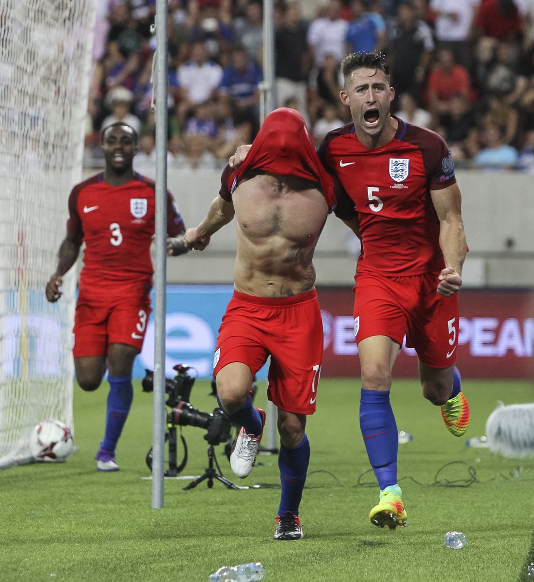 Adam Lallana celebrates his last minute winner in Slovakia. I was the furthest out which meant I could lean right over the barrier to get a clean full length shot — a lot of the photographers inside me were blocked or had to shoot it half length. (153mm, ISO2500, 1/1600th, f3.2)