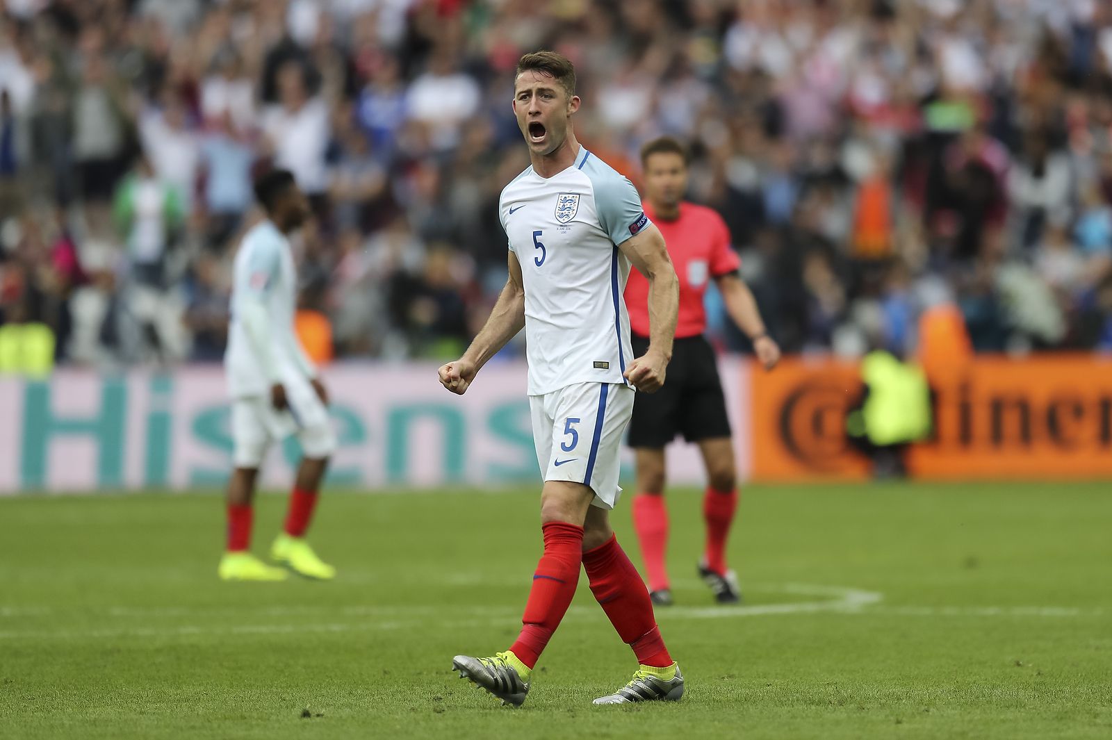 Gary Cahill of England celebrates at full time