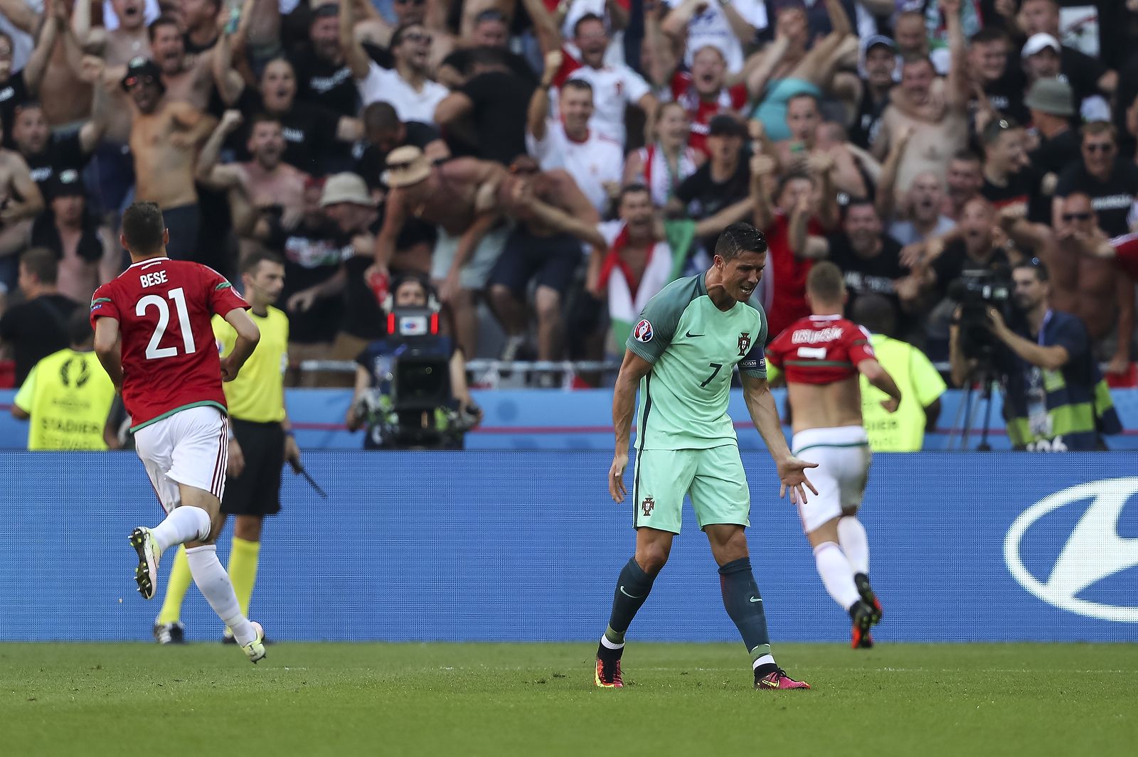 Cristiano Ronaldo looks frustrated after Hungary’s third goal