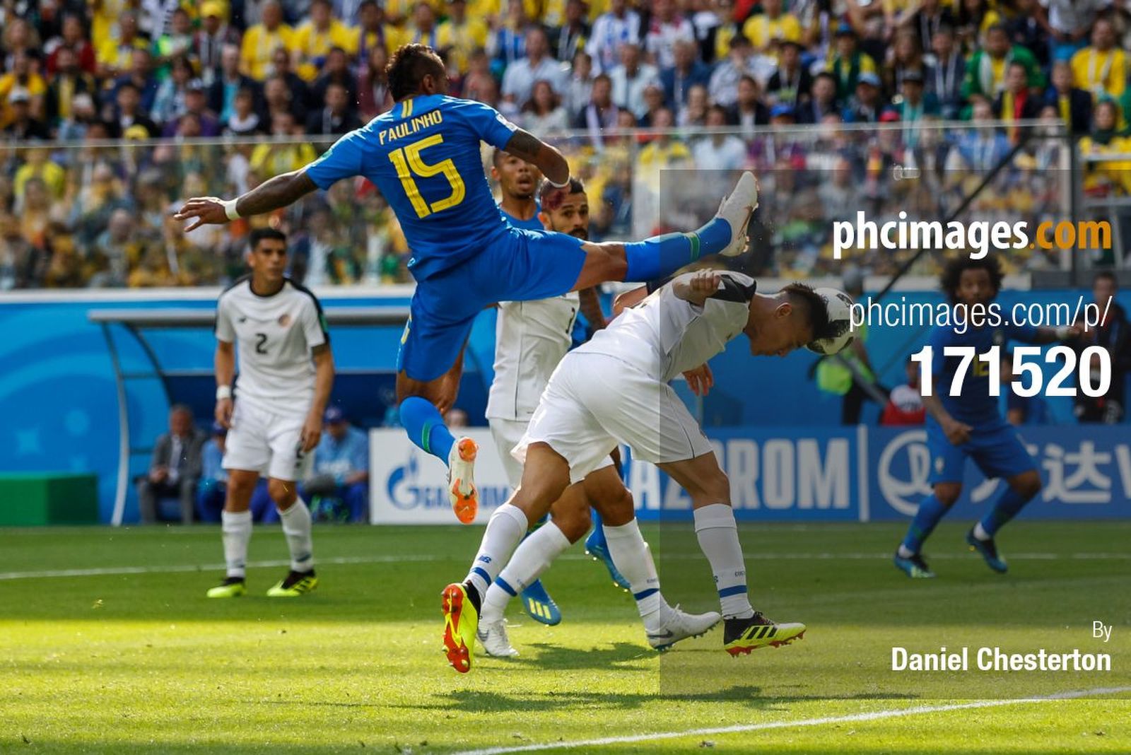 Costa Rica’s Oscar Duarte intercepts the ball from Paulinho