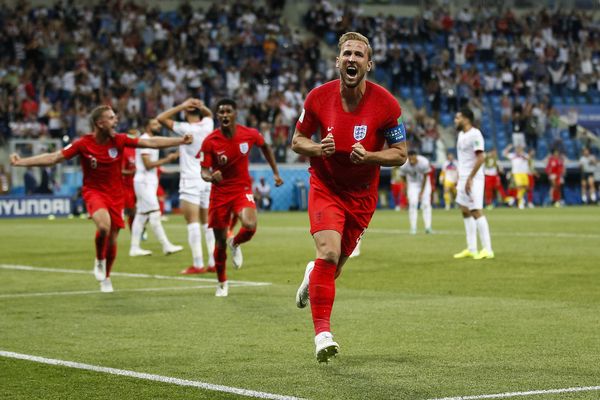 Harry Kane celebrates his stoppage time winner against Tunisia