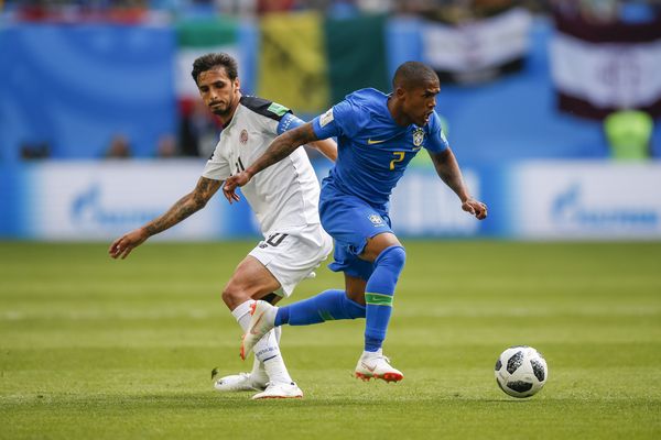 Bryan Ruiz of Costa Rica and Douglas Costa of Brazil