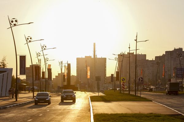 A general view as the sun sets outside Nizhny Novgorod Stadium