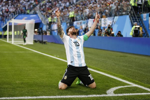Lionel Messi of Argentina celebrates after scoring against Nigeria