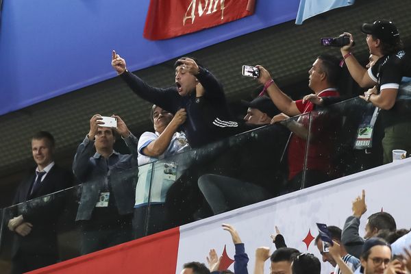 Diego Maradona celebrates Argentina's second goal to beat Nigeria