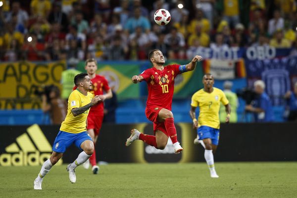 Eden Hazard of Belgium and Fagner of Brazil