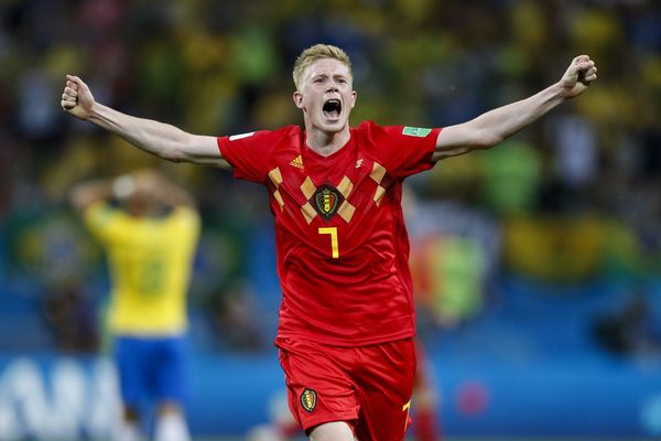 Kevin De Bruyne of Belgium celebrates winning the  FIFA World Cup Quarter Final against Brazil